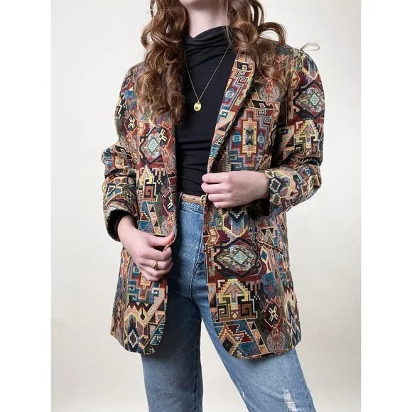 Vintage Woven Tapestry Western Boho Aztec Oversized Blazer Jacket Coat Bohemian - Picture 2 of 10